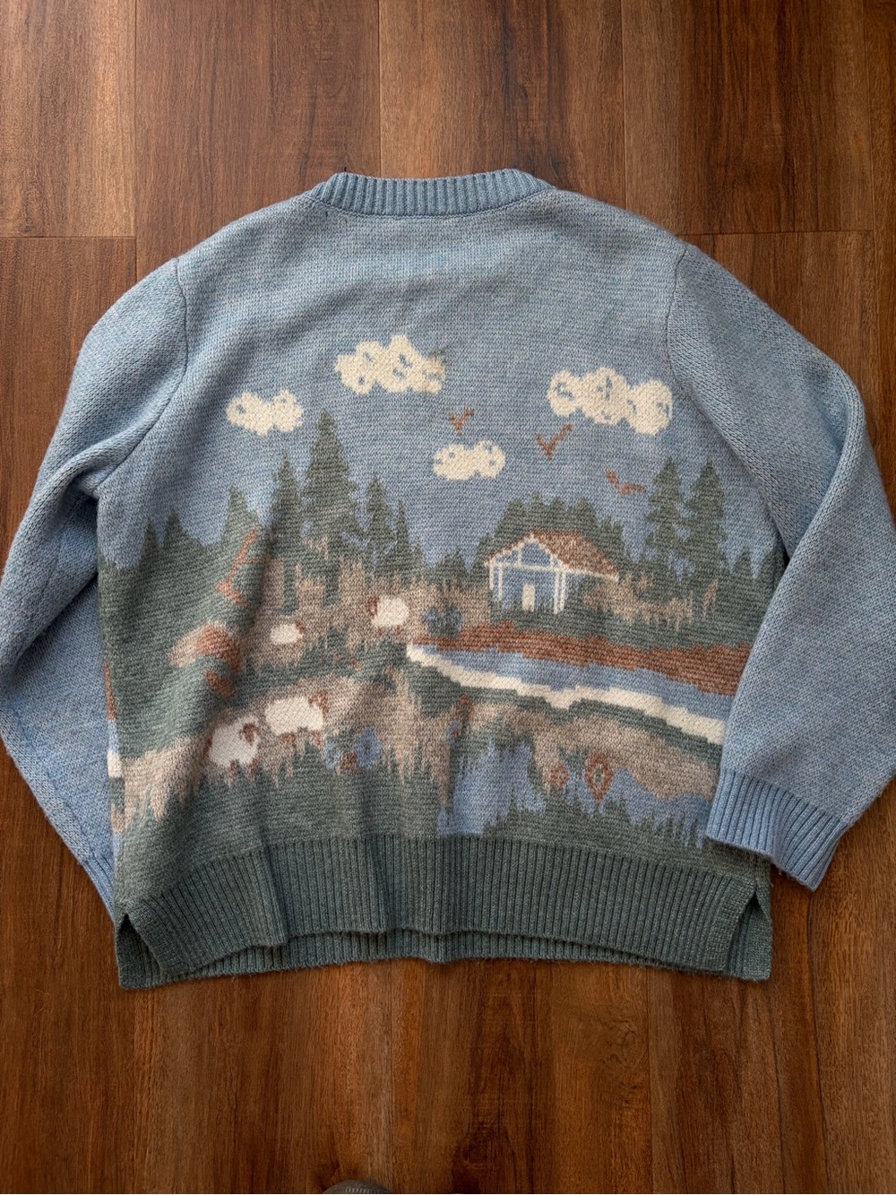 Ricki’s Scenic Landscape Sweater Blue Cottagecore Knit Granola Gorpcore Crunchy - Picture 3 of 9